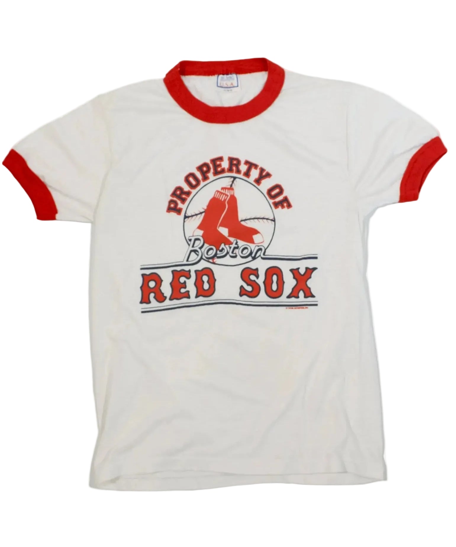 A white ringer t-shirt with red collar and sleeve trim, featuring a red and black Boston Red Sox graphic on the front that reads 'PROPERTY OF BOSTON RED SOX' with a red baseball player silhouette.