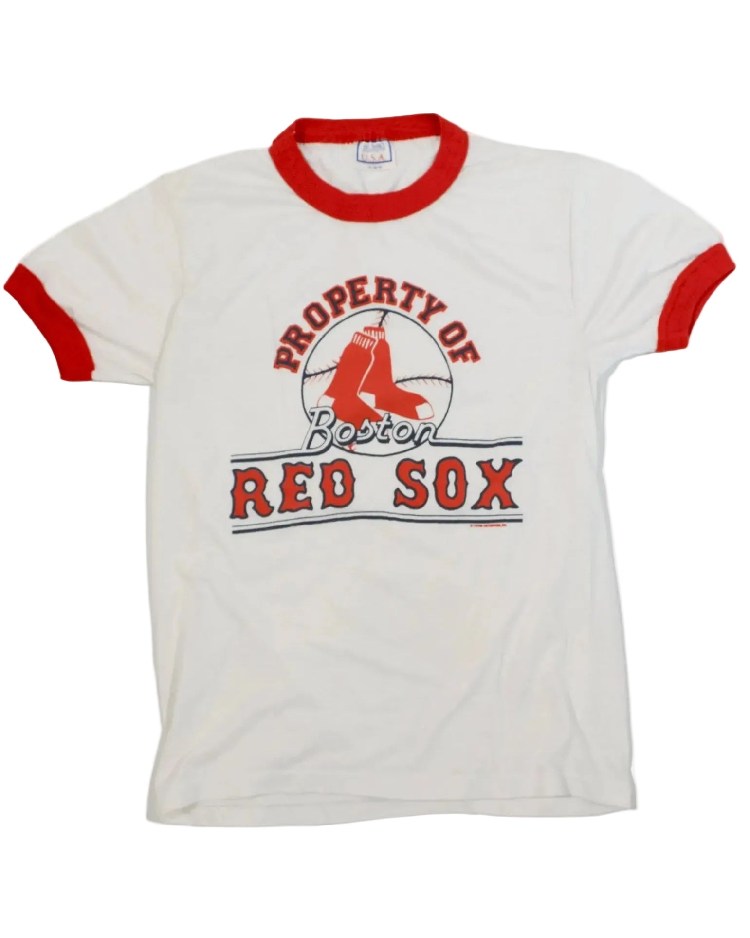 A white ringer t-shirt with red collar and sleeve trim, featuring a red and black Boston Red Sox graphic on the front that reads 'PROPERTY OF BOSTON RED SOX' with a red baseball player silhouette.