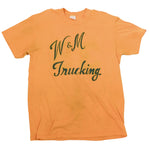 An orange yellow short-sleeve crewneck t-shirt with 'W&M Trucking' printed in dark green cursive text across the chest, laid flat against a white background.