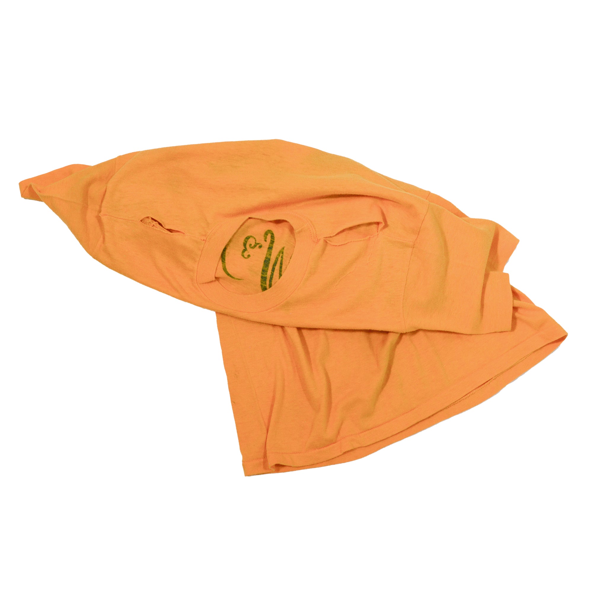 An orange yellow long-sleeve t-shirt with a green embroidered monogram logo on the chest, shown in a crumpled flat-lay style against a plain white background.