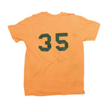 An orange yellow short-sleeve t-shirt shown from the back, featuring the number '35' printed in a dark green athletic font.