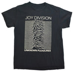 A black short-sleeve t-shirt featuring the Joy Division 'Unknown Pleasures' album cover graphic on the front, displayed flat against a white background.