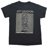 A black short-sleeve t-shirt featuring the Joy Division 'Unknown Pleasures' album cover graphic on the front, displayed flat against a white background.