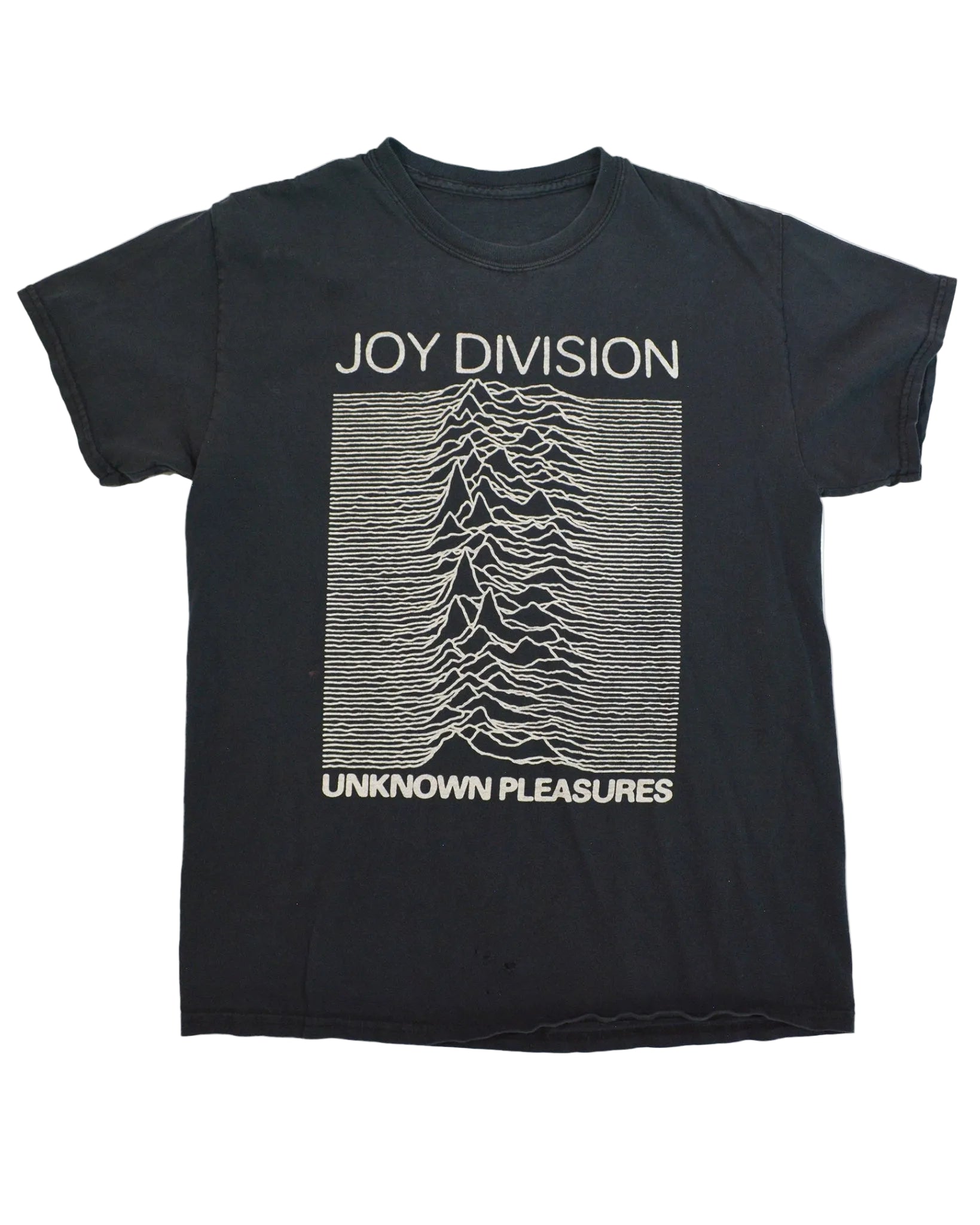 A black short-sleeve t-shirt featuring the Joy Division 'Unknown Pleasures' album cover graphic on the front, displayed flat against a white background.