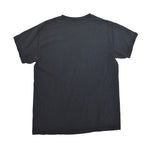 A plain black short-sleeve t-shirt shown from the back, laid flat against a solid white background.