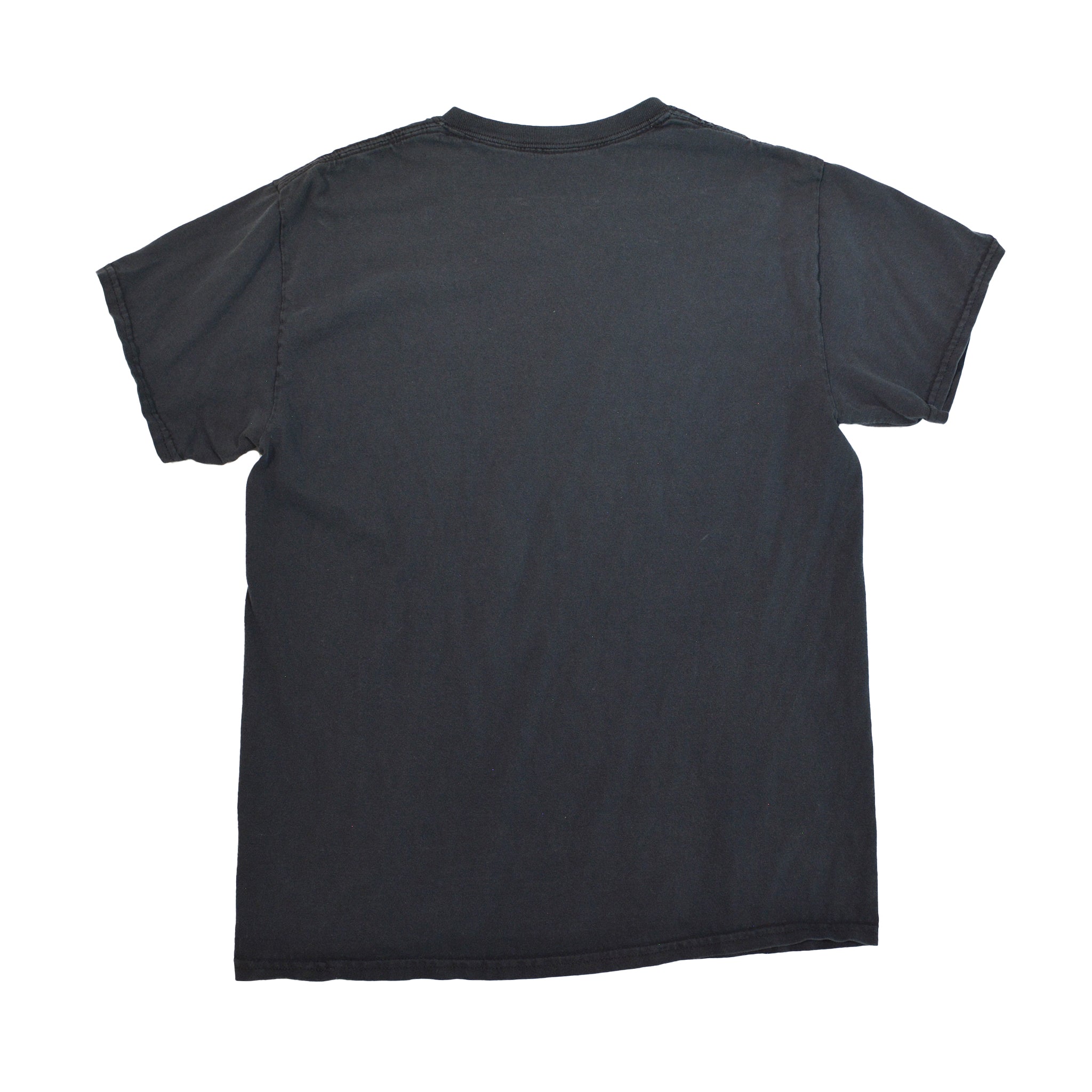 A plain black short-sleeve t-shirt shown from the back, laid flat against a solid white background.